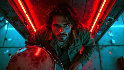 Close up illustration of rough Han drumming under the red glow