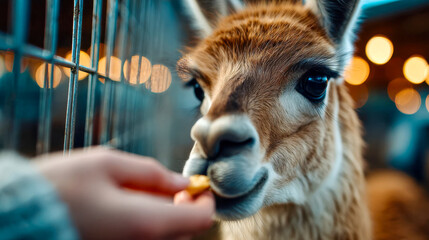 Fototapeta premium Extreme close-up of an alpaca eating hay, highlighting texture, fur details, and gentle animal behavior