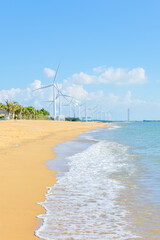 Landscape of waves and wind turbines on Yulinzhou (Fish scale Delta) beach in Basuo Town, Dongfang, Hainan, China © sweetriver