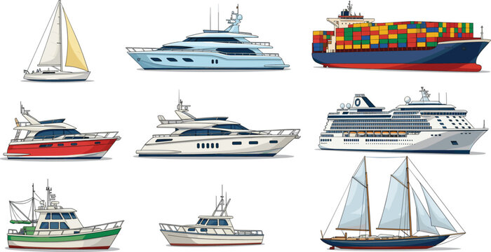 Marine Vessel Illustration Set Featuring Sailboats, Yachts, Cruise Ships, Cargo Vessels, and Fishing Boats for Nautical, Shipping, and Sea Transport Design