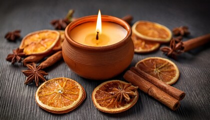 rustic clay candle holder with lit candle surrounded by cinnamon sticks and dried orange slices