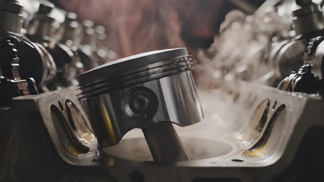 Piston in engine cylinder block with rising smoke, showcasing internal combustion, power, and automotive mechanics