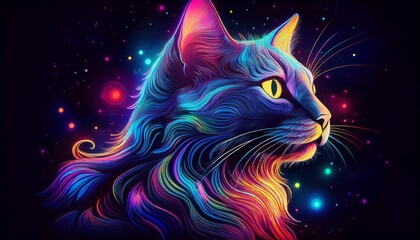 abstract cat silhouette filled with swirling cosmic colors and glowing outlines in a vibrant digital art piece