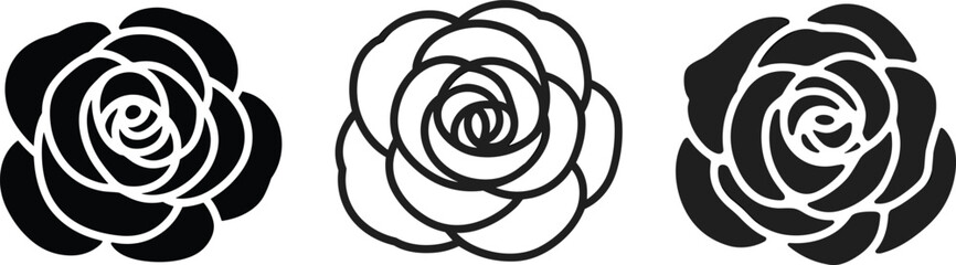 Stylized rose illustration, black and white flower art, vector floral design, romantic bloom, silhouette and outline, minimal sketch