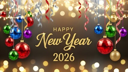 Happy New Year 2026 with Christmas Ornaments and Golden Ribbons - Festive Holiday Celebration Background with Sparkling Lights