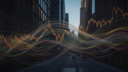 Colorful digital stock market graphs overlaid on a city street with tall buildings and vehicles