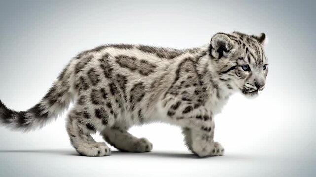 Adorable Snow Leopard Cub Prowling in Studio Setting: A Captivating Wildlife Moment.