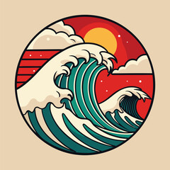 Retro Ocean Wave Sunset Illustration
