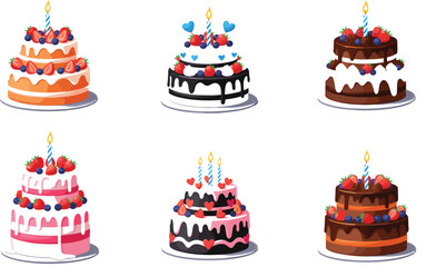 Vector illustration set of six different tiered celebration cakes decorated with dripping frosting, fresh strawberries, blueberries, and birthday candles for parties and special occasions.