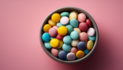 Obraz premium round bowl filled with two types of small colorful textured tablets or candies divided by color and shape on a pink background