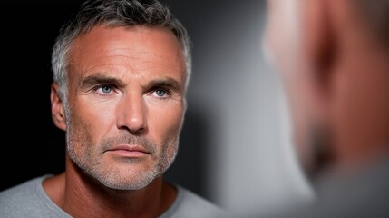 Fototapeta premium A serious man gazes intently at his reflection in the mirror, showcasing strong facial features and a contemplative expression. Self-reflection and introspection.