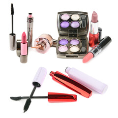 Large collection of decorative cosmetics on a white background