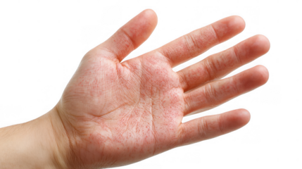 Red rash on a male hand, showing symptoms of contact dermatitis, isolated on transparent background, ideal for medical and healthcare publications
