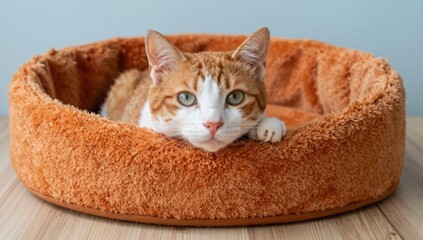 An orange cat is lying in the cat bed © 飞 张