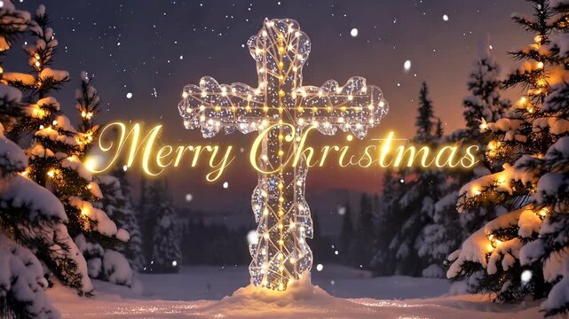 Sparkling Church cross with glowing lights in snowy forest with falling snow and pine trees and Merry Christmas text for religious holiday card