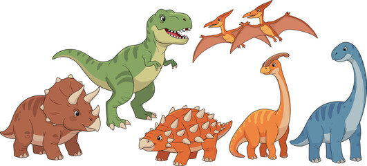 Cute Cartoon Dinosaur Illustration Set Featuring T Rex, Triceratops, Stegosaurus, Pterodactyl, and Friendly Prehistoric Animals for Kids Education and Fun Design