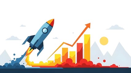 Rocket launching beside rising bar graph with upward arrow, symbolizing growth, success, and innovation in a dynamic business or startup context.