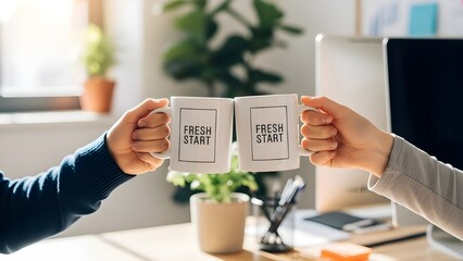 Two people toast white mugs labeled "FRESH START" in a sunlit office, symbolizing new beginnings, teamwork, and positive energy in a modern work setting.