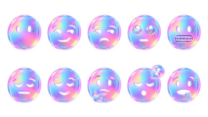 3D iridescent holographic glass Neutral face, slightly smiling face, frowning face, expressionless face, confused face, relieved  face emoji icon set with transparent PNG background 16:9 illustration 
