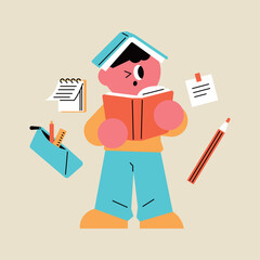 Focused Student Reading a Book Surrounded by School Supplies