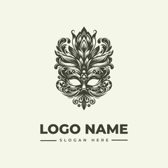 A logo design featuring an ornate masquerade mask with floral patterns and the placeholder text 'LOGO NAME' and 'SLOGAN HERE' on a cream background, illustration, vector.