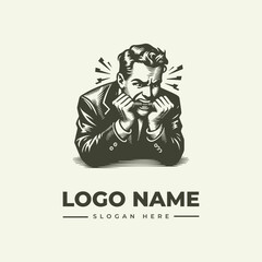 A vector illustration of a man in a suit with his hands on his face, surrounded by dynamic lines, on a beige background with a logo and slogan placeholder.