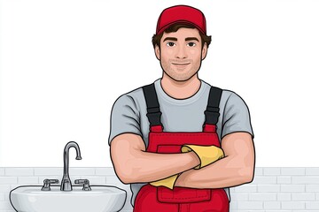 Cartoon illustration of a smiling plumber wearing red overalls and a cap, standing confidently with arms crossed in front of a sink. Plumbing service concept.