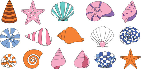 Vibrant vector collection of fifteen stylized seashells and starfish featuring diverse shapes and patterns in soft pastel colors, perfect for summer, beach, and marine-themed designs.