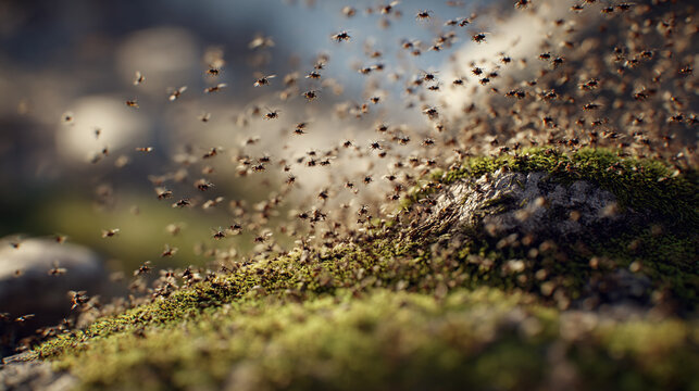 A swarm of tiny insects hovering over a moss-covered stone, creating a mesmerizing spectacle of nature