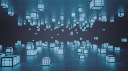 Floating illuminated cubes in a futuristic digital grid environment with blue lighting and grid