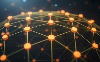Glowing orange nodes connected by green lines forming a spherical network structure in a dark