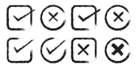 Print Check tick mark icon set. Cross box x check mark checkbox v list vector draw hand drawn sketch doodle brush marker checklist symbol wrong right circle. Green checkmark marker icon. brush marker