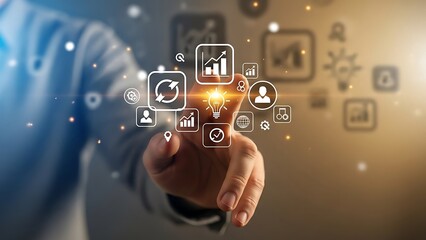 A person interacting with a futuristic digital interface with various icons and graphics floating in mid air around their hand