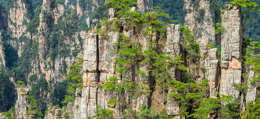 Majestic natural rock pillars with lush green trees creating a unique mountain landscape.