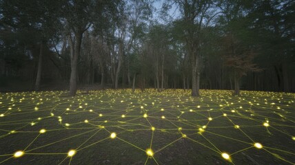 Forest floor with glowing yellow nodes and interconnected lines at night trees ground