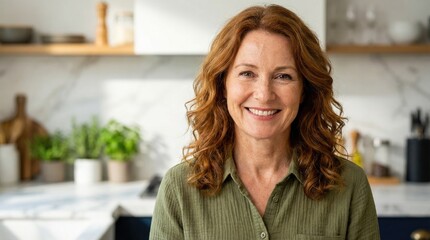 Smiling middle-aged woman in green shirt standing in modern kitchen