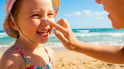 Mother applying sunscreen to little girl's nose at sunny beach