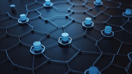 Hexagonal network of interconnected nodes with glowing blue connections in a dark digital space