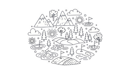 Naklejka premium Golf course illustration scenic outline of greens mountains and nature elements