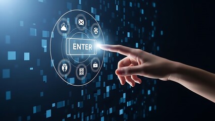 Futuristic hand interacting with virtual interface in dark digital environment with glowing blue elements and binary code