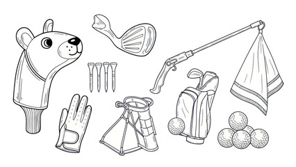 Golf equipment collection illustration in black and white with isolated elements