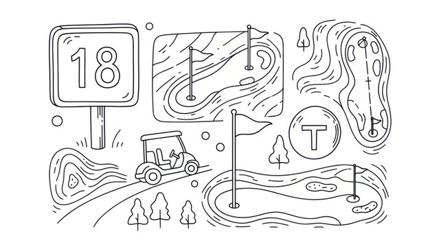 Golf course layout illustration with cart flag and hole markers isolated