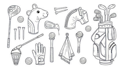 Fototapeta premium Golf equipment collection in line art style for sports and recreation
