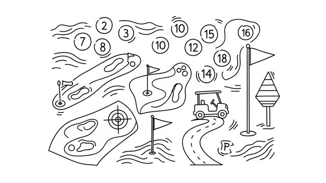 Golf course map illustration with flags paths cart and course elements