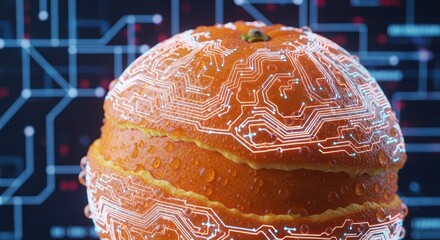 Cybernetic citrus: an orange overlaid with circuit board patterns