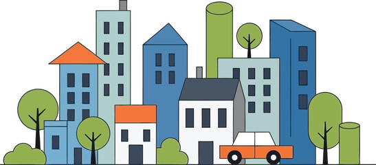 Colorful cityscape illustration with buildings trees and a car on transparent background
