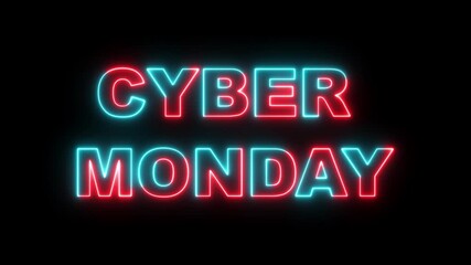 Neon sign displaying CYBER MONDAY Sale. A futuristic 3d rendered cyber monday neon sign, promoting digital sales, casts a vibrant electric blue glow and dramatic shadow against a dark black background