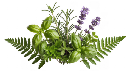 Fresh herbs and purple flowers green plants isolated on a transparent background
