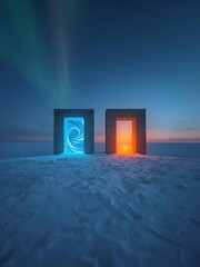 Cinematic Sci-Fi Portal Glowing Blue on a Desolate Moonlit Planet Surface