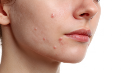 Profile of a young woman displaying hormonal acne breakouts along her jawline, set against a transparent background. Highlighting skin imperfections and the impact of hormonal changes